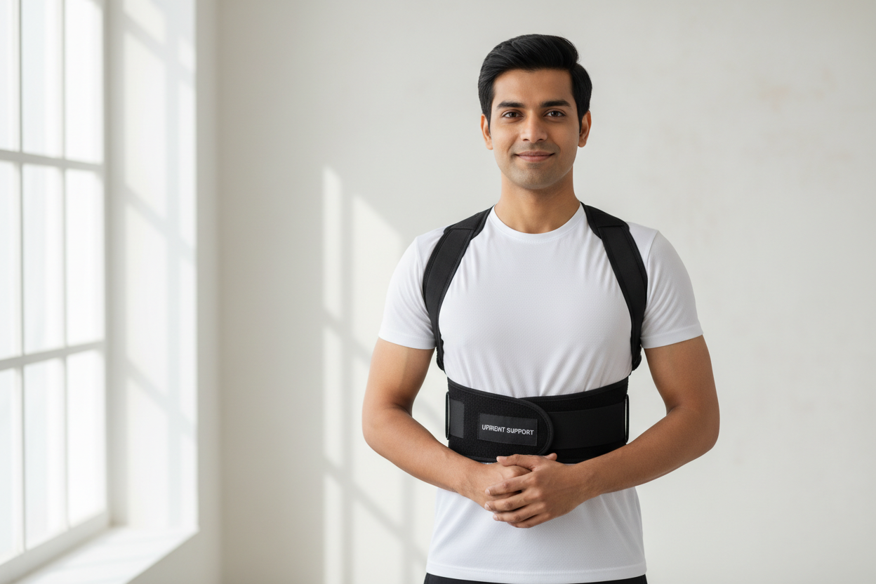 Indian Man Wearing Posture Corrector Belt
